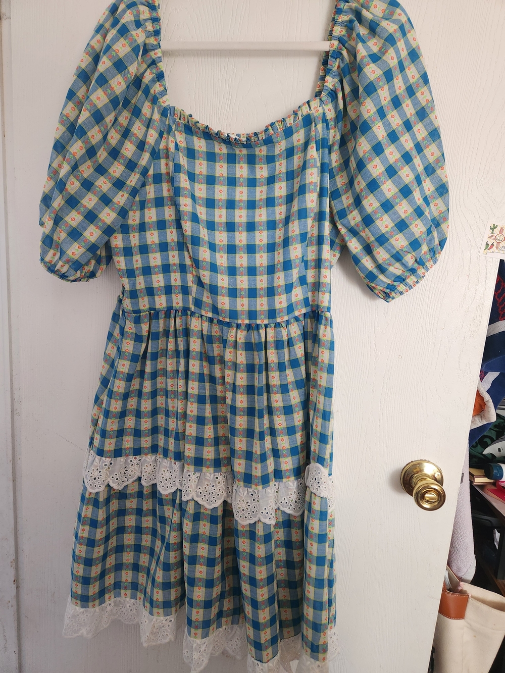 Blue Plaid Puff-Sleeve Dress with Eyelet Trim -WORN ONCE-